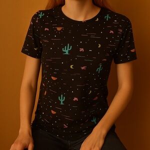 Modern Lux Black Crewneck Cactus Sun Moon Short Sleeve T-Shirt Size XS